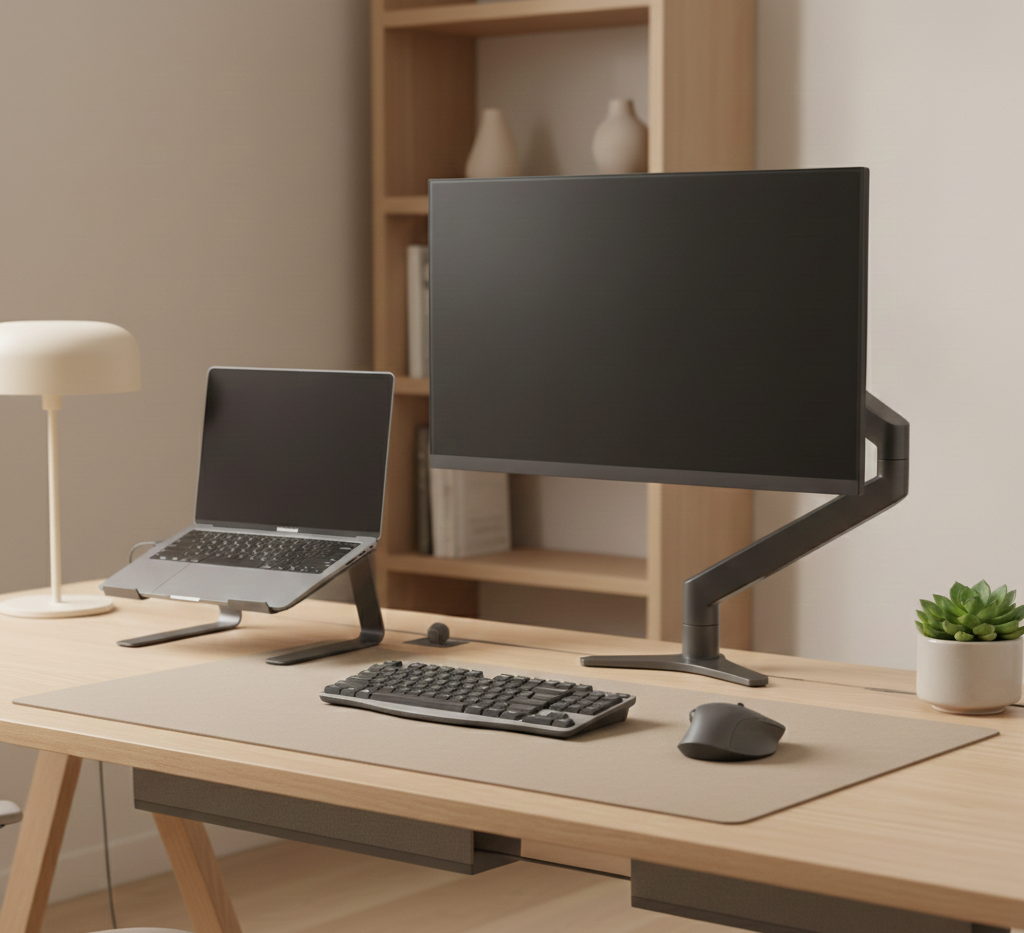 Desk Setup Hub minimal clean desk with laptop and monitor