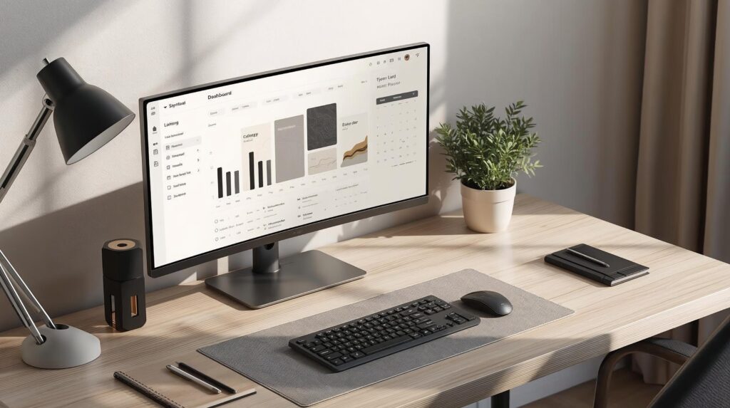 Notion for home office organization Featured Image Desk Setup Home office desk setup with Notion open on a second monitor for daily planning