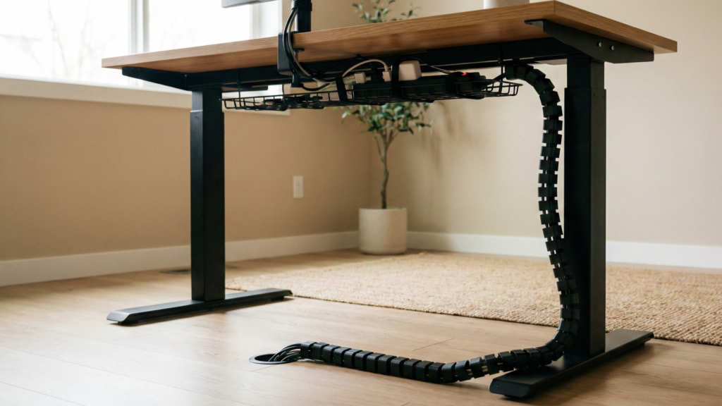 Standing desk cable management with cable spine and slack