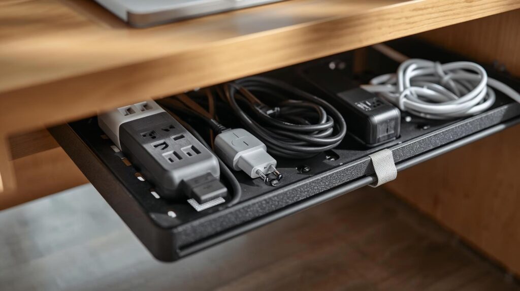 Under-desk cable tray organizing power strip and adapters
