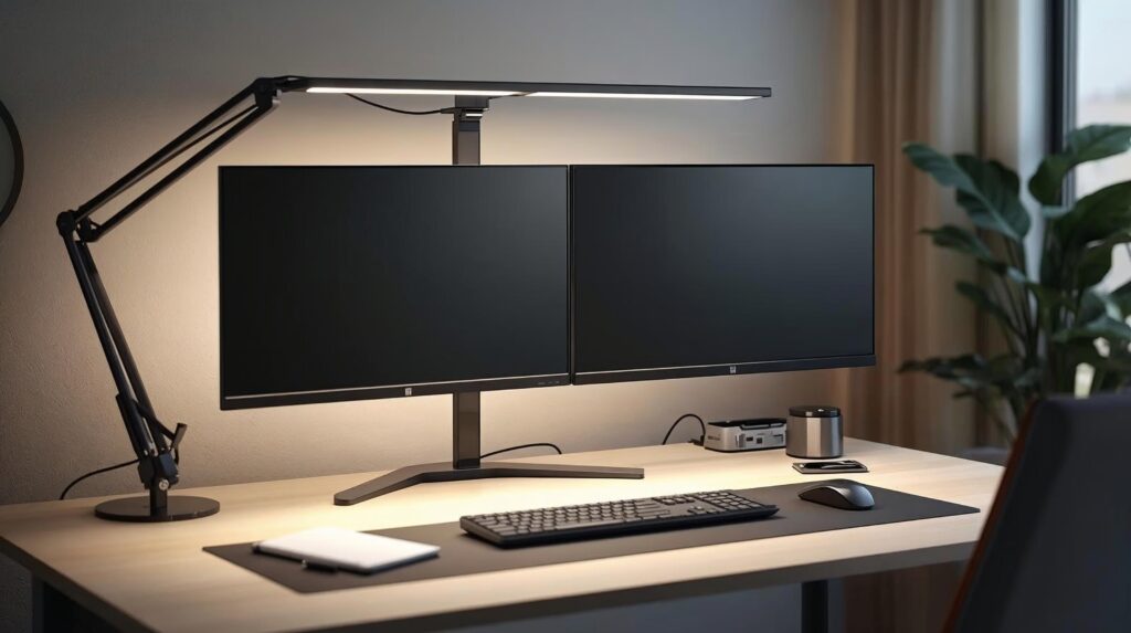 clamp-desk-lamp-dual-monitor-wide-coverage Clamp desk lamp for dual monitors with wide, even desk lighting