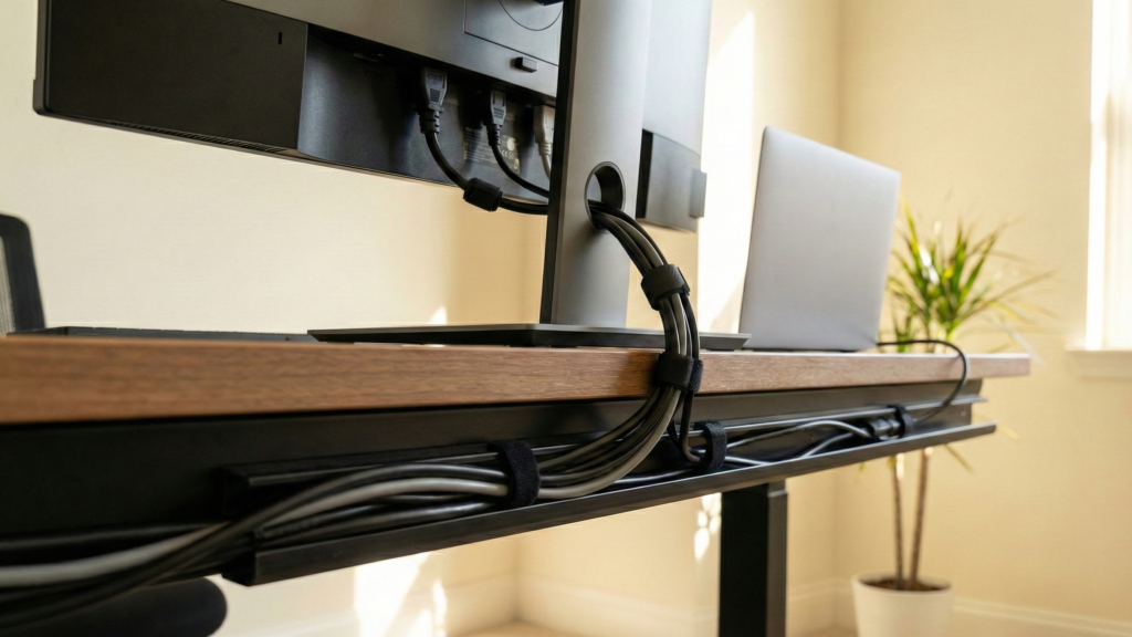 J-channel cable raceway routing cables behind a desk