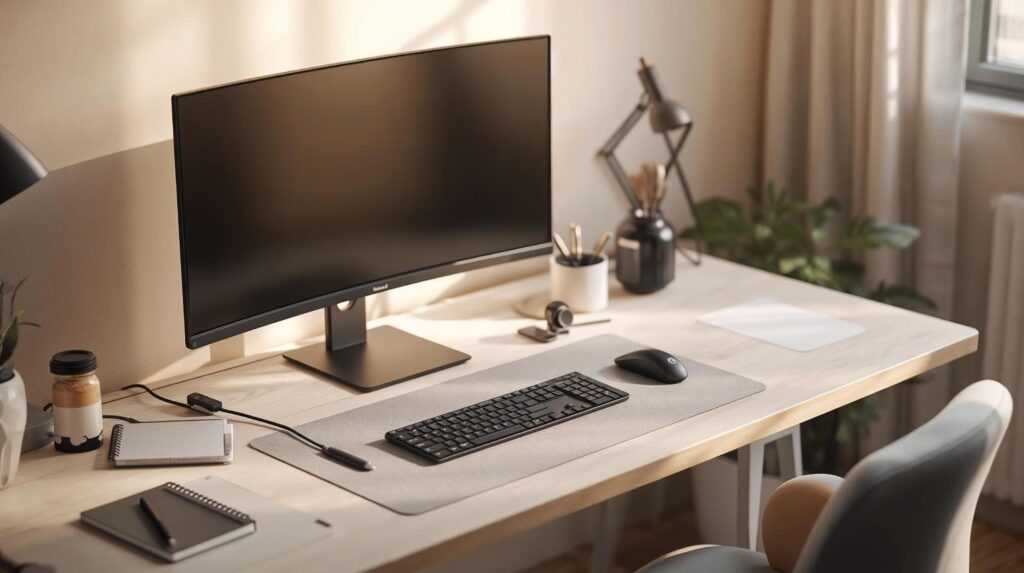 Ergonomic small home office setup Desk sitting pain checklist setup with laptop and monitor