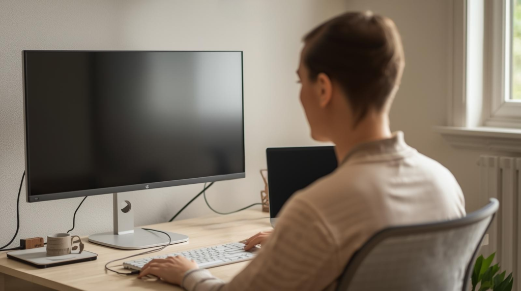 Monitor height and viewing angle Monitor height setup to reduce neck pain at desk