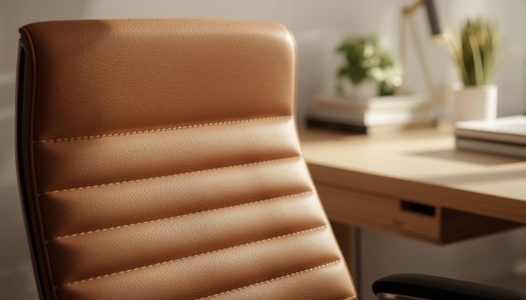 Best Office Chair Material for a Home Office - Leather Leather office chair in a minimalist home office with clean, professional styling.